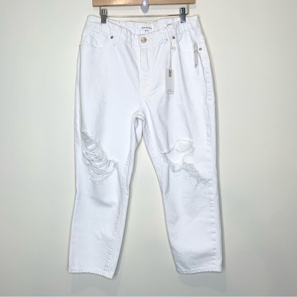 NWT Good American Good Girlfriend Distressed High Waisted Ankle White Jeans 12 - Picture 1 of 10